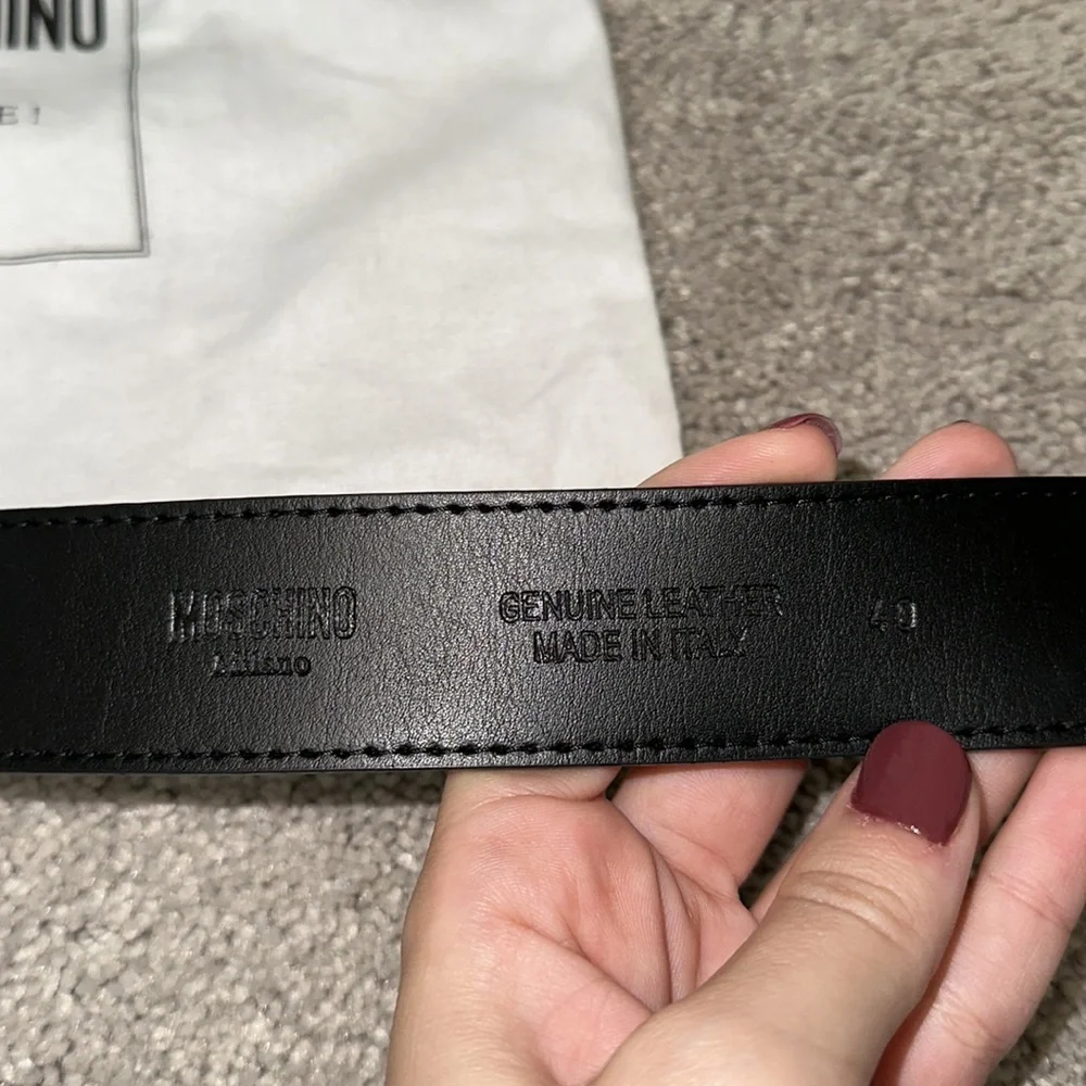 Moschino Black Belt with White Logo and Gold Buckle